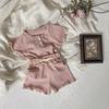 Girls' Short Sleeve Waffle T-shirt & Shorts Summer Two-piece Set