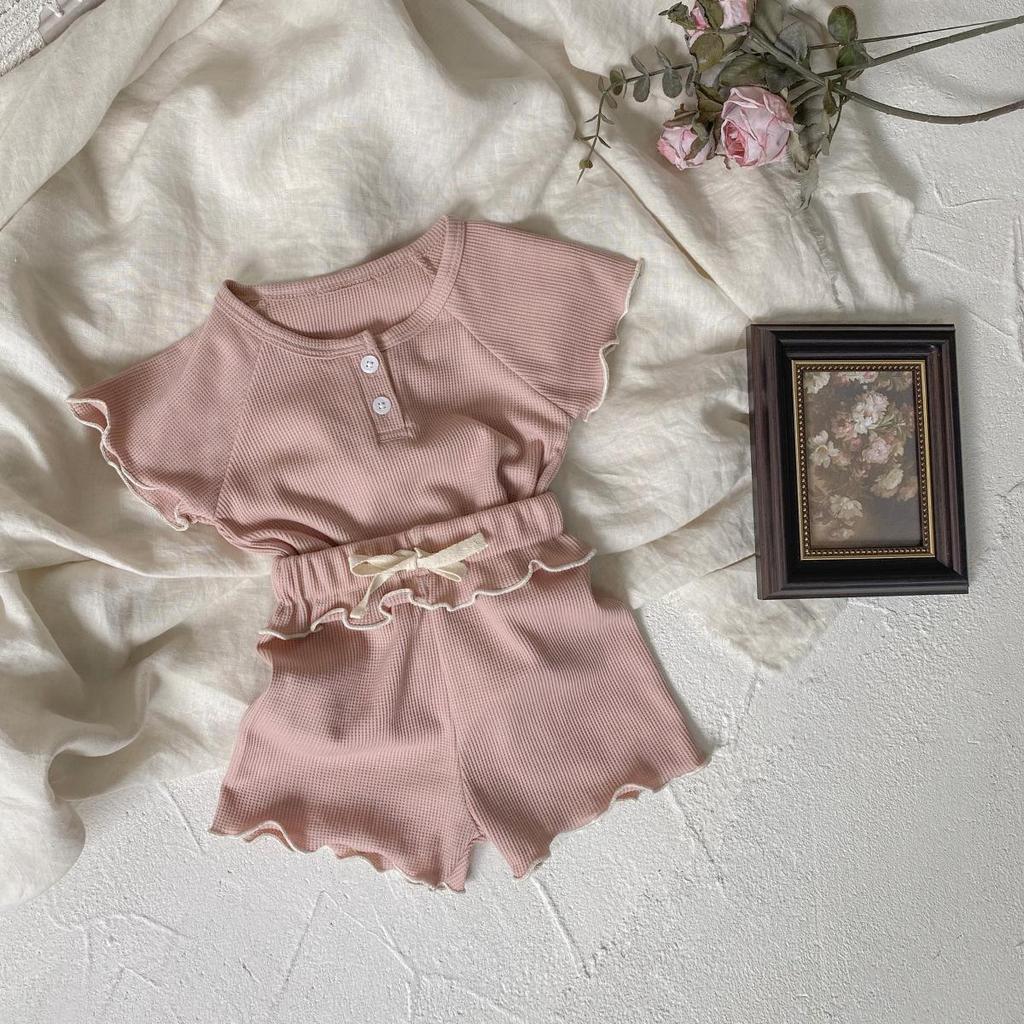 Girls' Short Sleeve Waffle T-shirt & Shorts Summer Two-piece Set