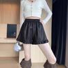Women's Fall Winter Maillard Ruffle Trim A-Line PU Leather Shorts Petite Wide Leg Pants Mini Shorts Versatile Slim Fit Hot Pants