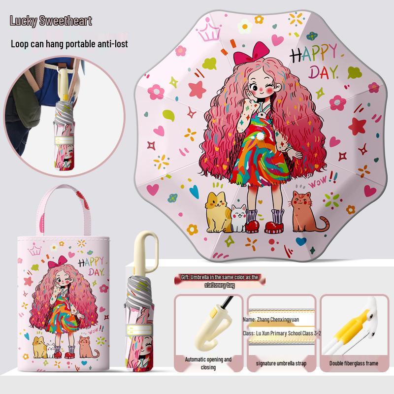 Dual-Use Automatic Folding Children's Umbrella with Ring Buckle – Sun Protection for School Boys and Girls