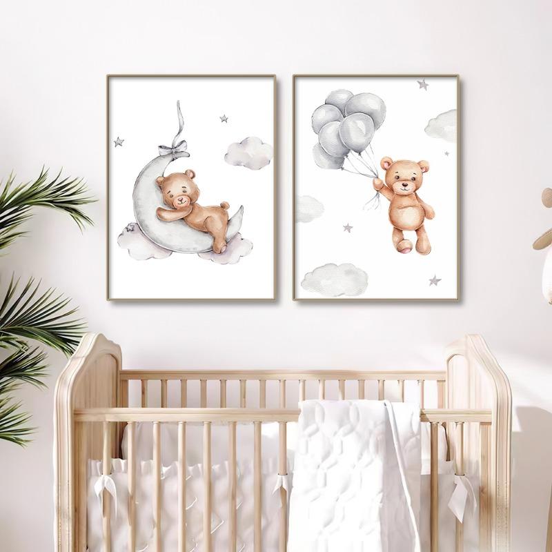 Cute Bear Canvas Painting Rainbow Moon Poster Cloudy Balloon Wall Art Nursery Posters Kids Room Decor Canvas Prints Picture