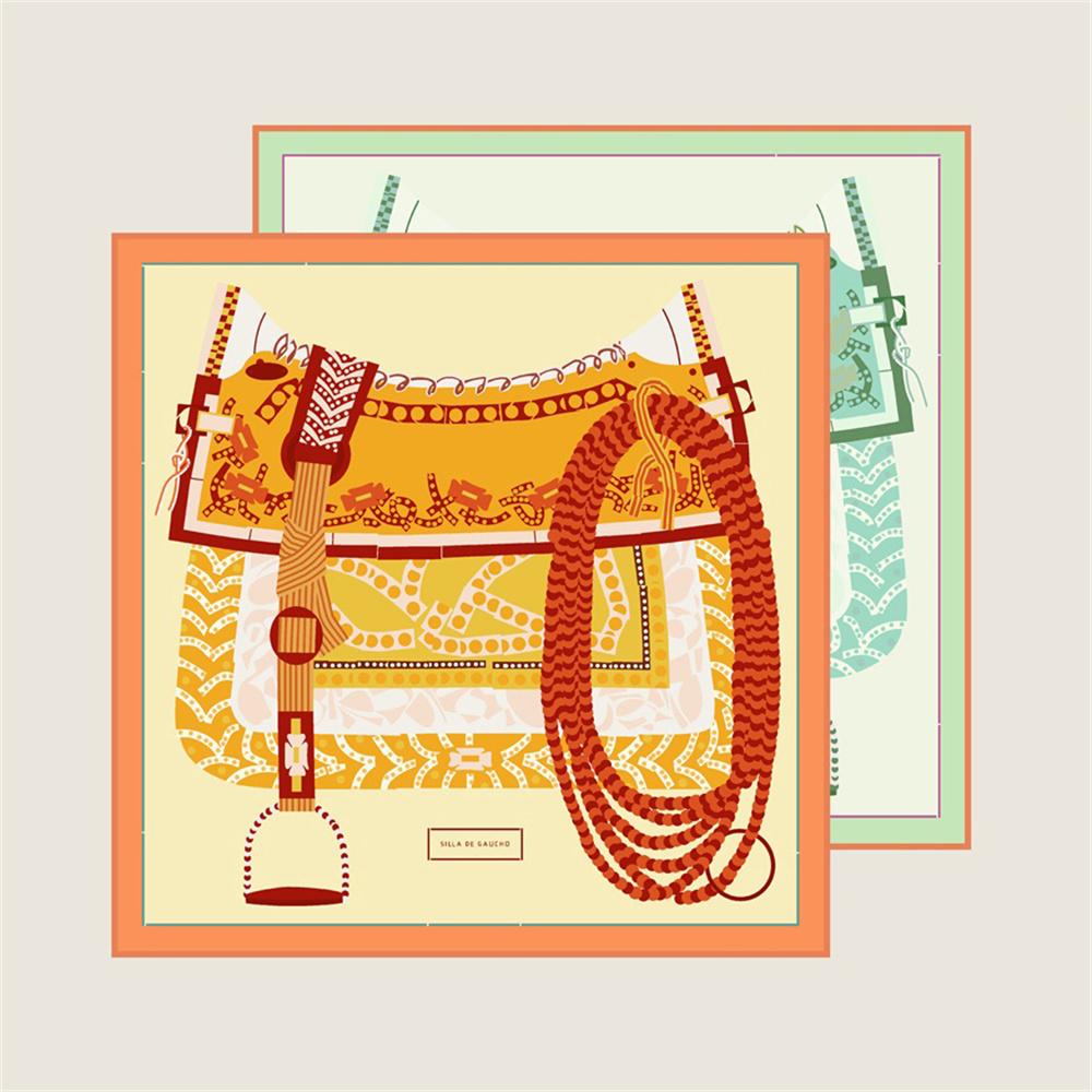 POBING Manual Hand Rolled Twill Silk Scarf Women Saddle Double Print Square Scarves Wraps Echarpes Foulards Femme Hijab 90CM
