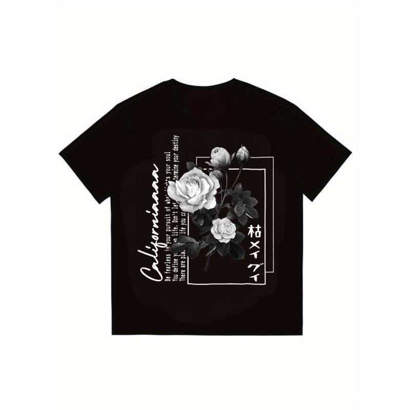 

Black T Shirt Men California Rose Floral Print With Japanese Text And Inspirational Quote Streetwear Casual Fashion For Daily Wear And Urban Style XXXXL