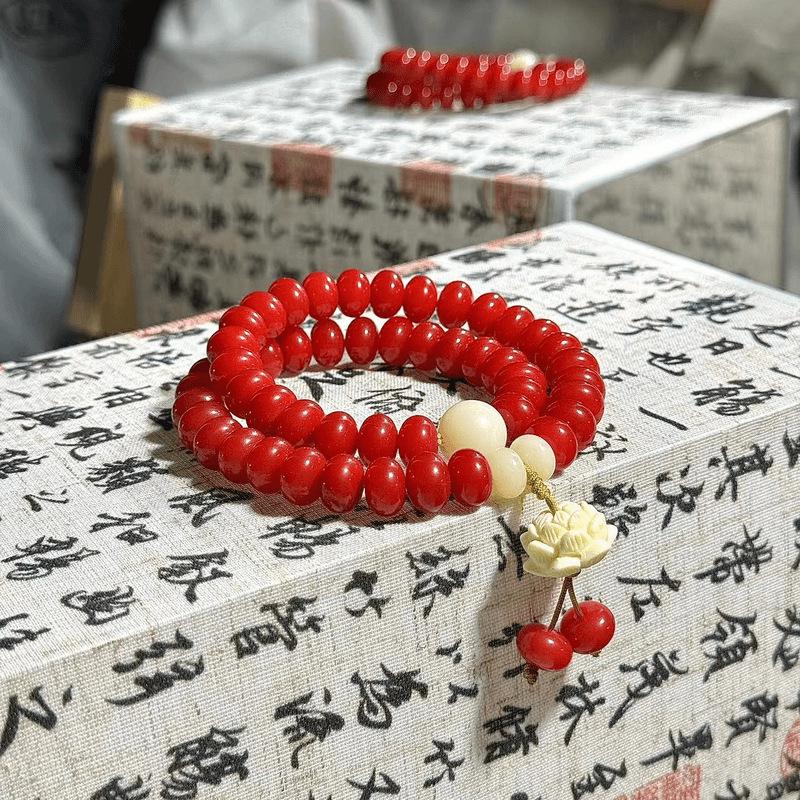 Rose Red Bodhi Root Bracelet - Women's Lotus Design, Double-Loop, National Style Accessory