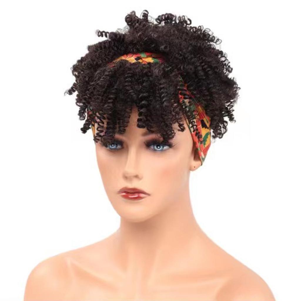 Afro Curly Kinky Synthetic Head Wraps Short Drawstring Puff Wigs with Small Cap Headband Scarf Wigs