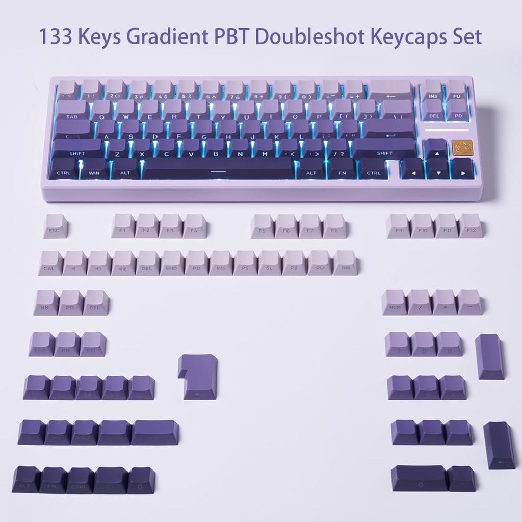 PBT Double Shot Keycaps for Mechanical Keyboards, 134 Key Gradient Purple Backlit OEM Profile Keycaps with Side Print Shine-Through Custom Keyboard
