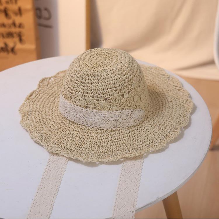 Chapeau de paille coréen doux et mignon en dentelle petit frais loli été vacances au bord de la mer grand bord chapeau de soleil femmes