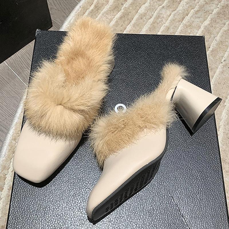 Winter Women Fur Shoes Elegant Fashion Closed Toe Mules 5cm High Heel Height Shoes Lady Sexy Chunky Soft Warm Slippers 35-39