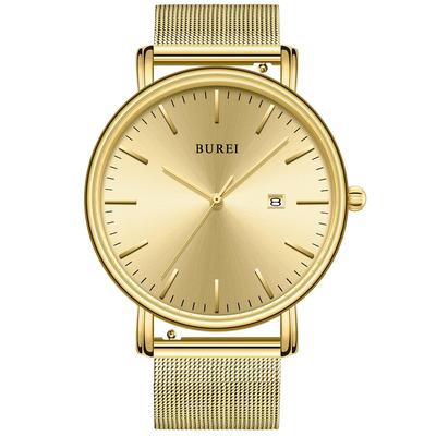 BUREI Men's Watch, Simple, Waterproof, Analog, Business, Milanese Style, Mesh Strap, Stylish, Popular, Date Display, Black/Gold, Black, for Men
