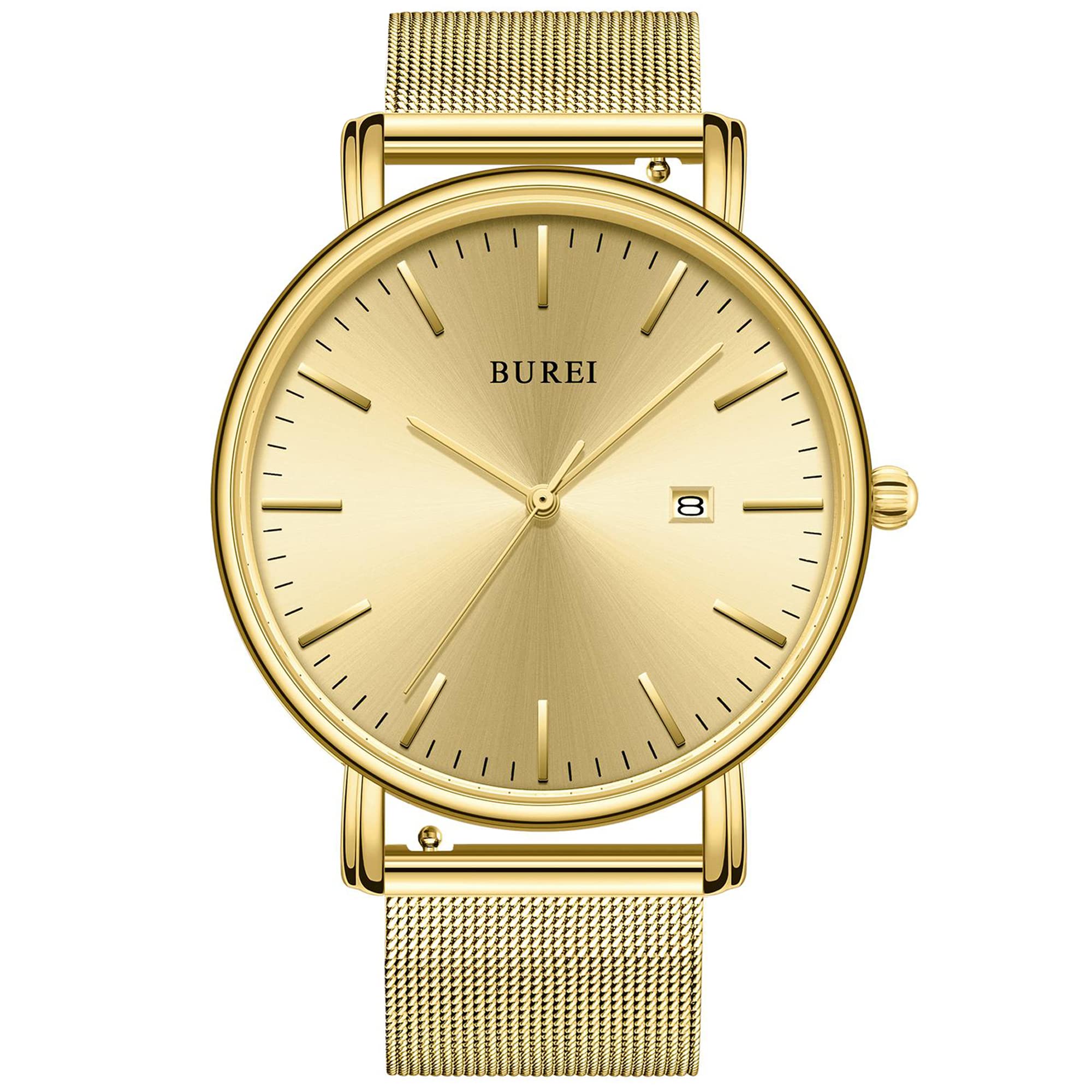 

BUREI Men s Watch, Simple, Waterproof, Analog, Business, Milanese Style, Mesh Strap, Stylish, Popular, Date Display, Black/Gold, Black, for Men