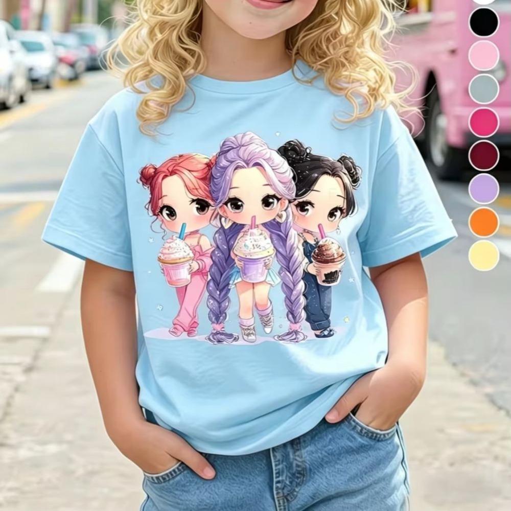 Children's Kpop Popular Cartoon Print T-Shirt Tops Clothing Design Casual Harajuku Style Round Neck Short Sleeve Girl Clothing