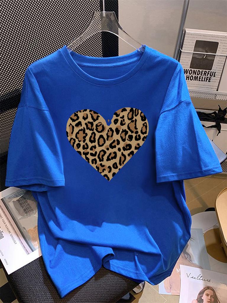 Summer Cotton TShirts Women Simple Leopard Print Heart Printing T Shirt ONeck Comfortable Loose Tops Street Womans Clothes