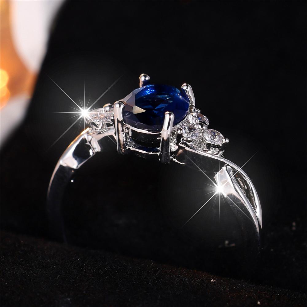 Luxury Female Blue Zircon Stone Oval Finger Ring Vintage Silver Color Wedding Band Bridal Jewelry For Women