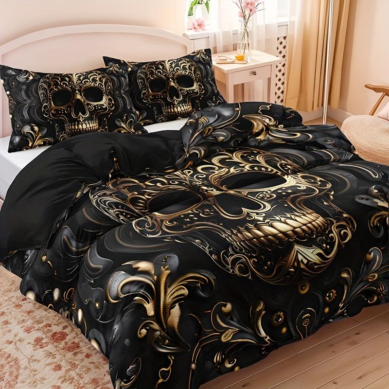 3Pcs Metallic Skull Duvet Cover Set, Black Golden Gothic Design Breathable Polyester Bedding with Pillowcases, Machine Washable