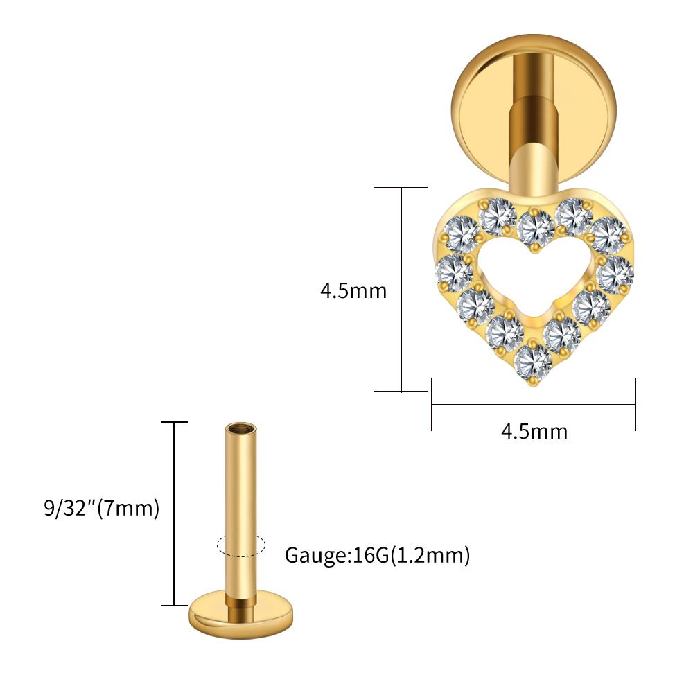 Right Grand ASTM F136 Titanium Mini Heart Cartilage Earring 16G Dainty Flat Back Labret Stud Tragus Helix Piercing Jewelry