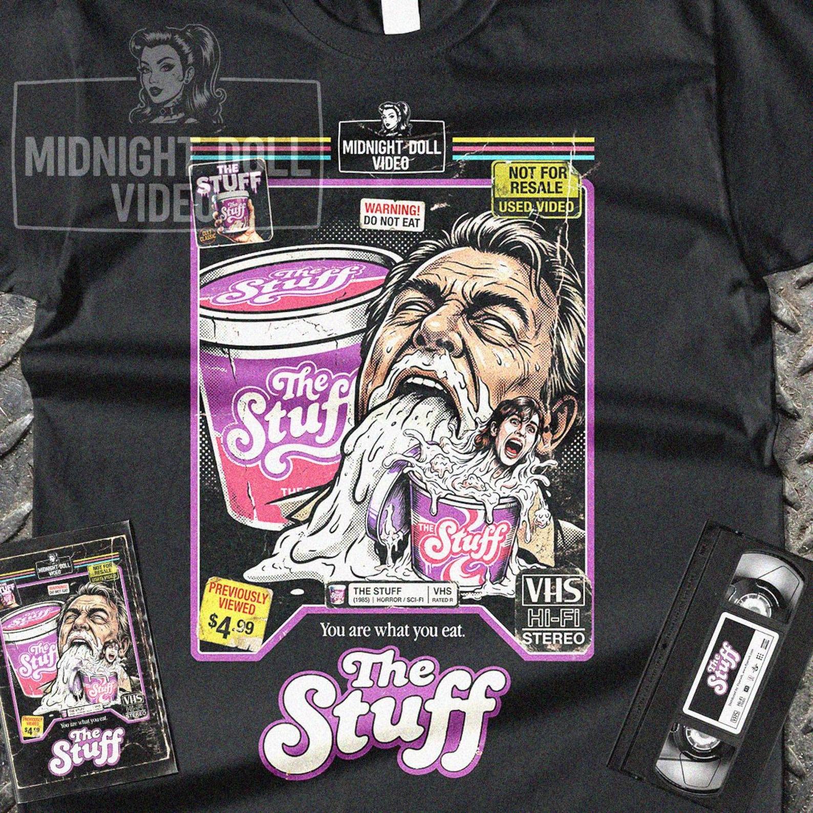 The Stuff (1985) Shirt - VHS Tribute Art - 80s Cult Horror Comedy Tee - Retro Sci-Fi 4XL