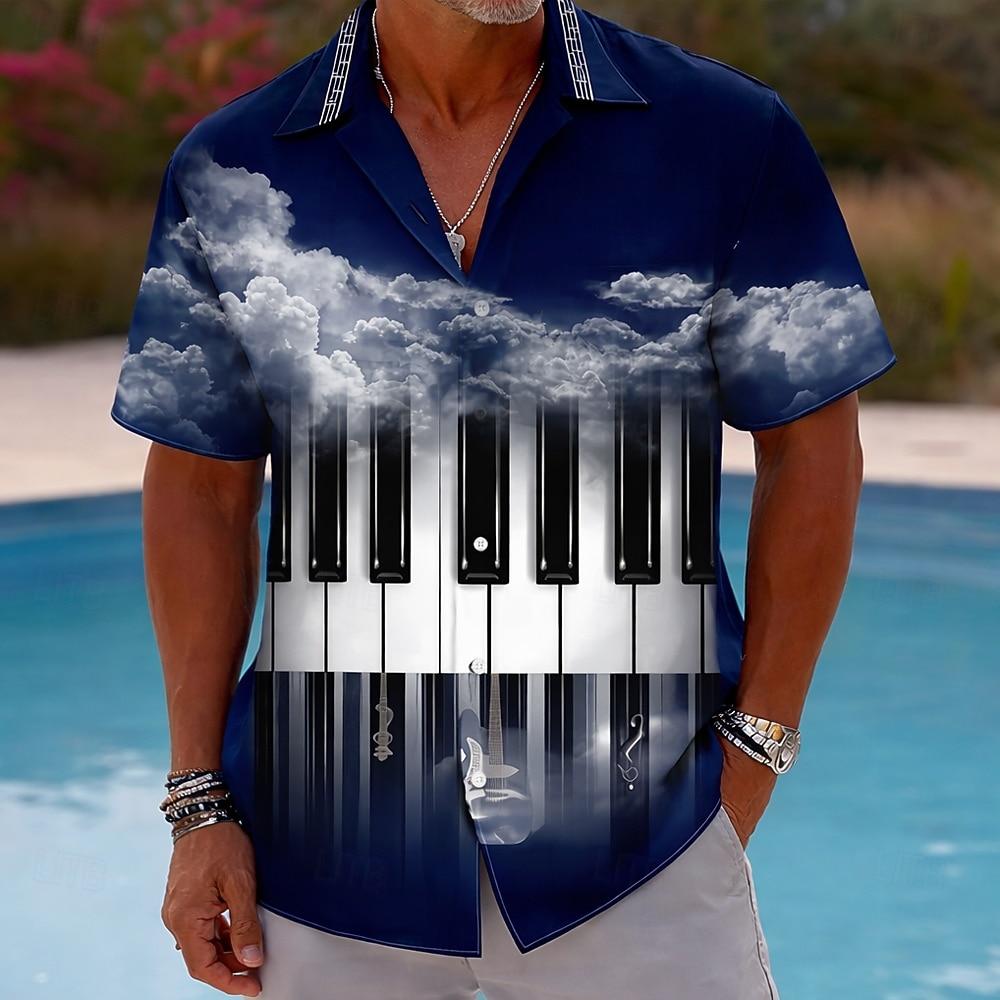 Men's Piano Musical Notes 3D Print Shirt Cuban Camp Collar Short Sleeve Button Up Shirt Black Brown Dark Blue for Spring Summer