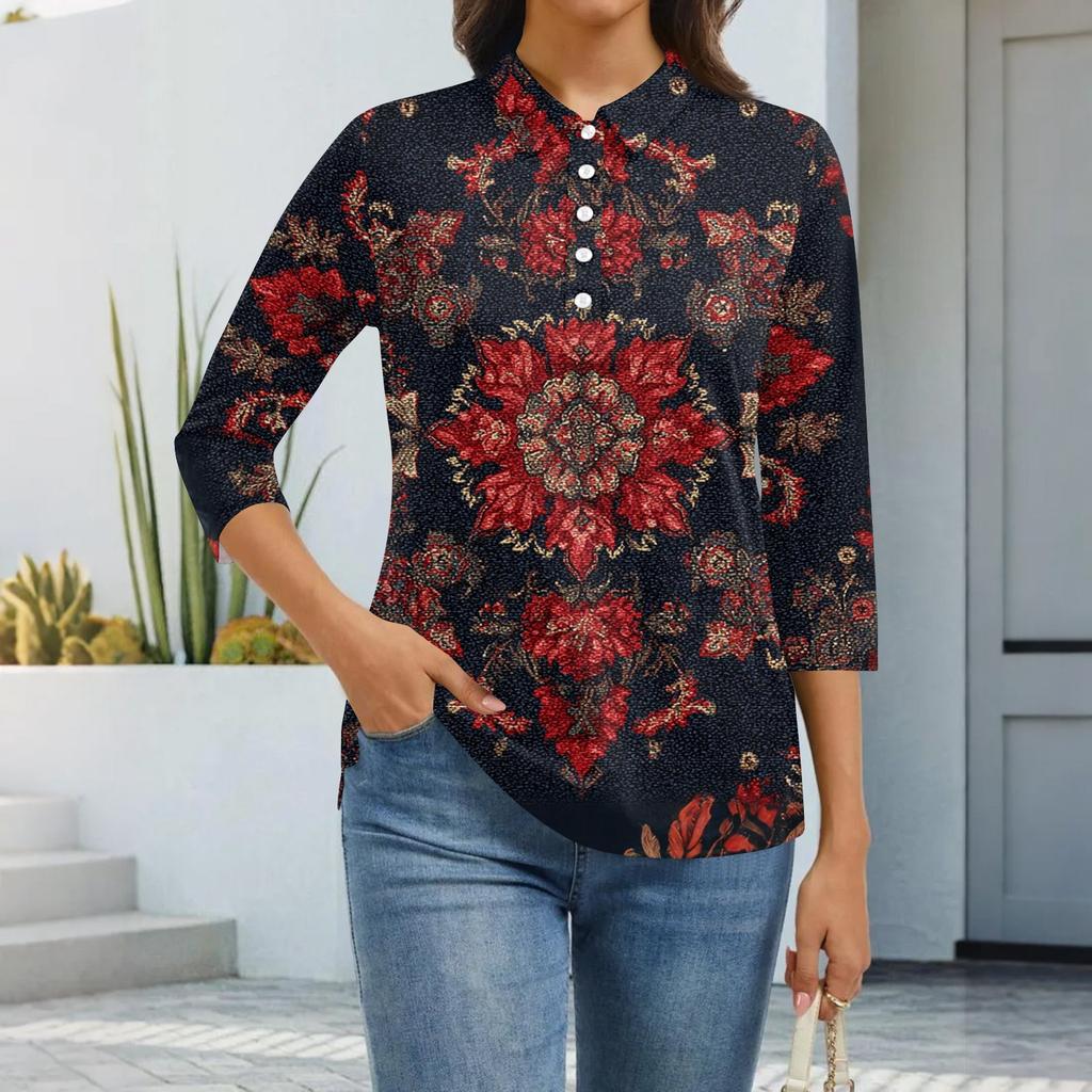 Women's Fashion Casual Lapel Short 3/4 Sleeve Print Shirt Women's Button Up Tops