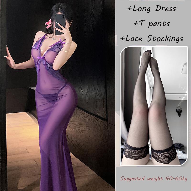 Sexy Long Dress Erotic Lingerie See Through Lace Dress Passionate Temptation OL Uniform Flirting Uniform Nightclub Tight Suit