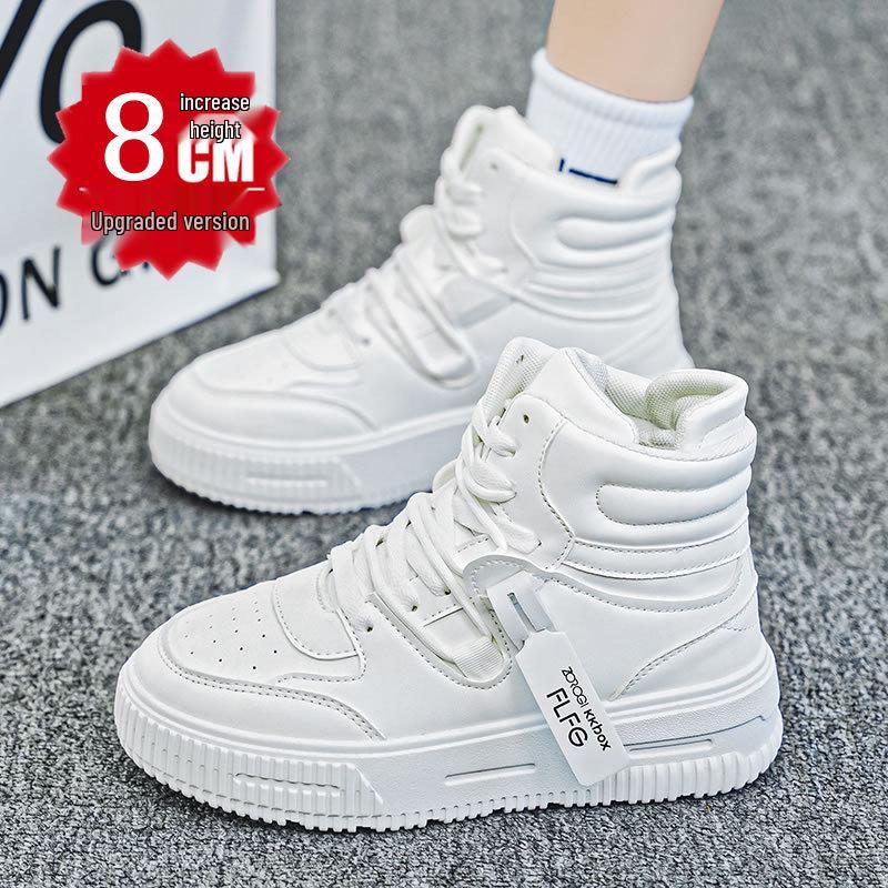High-Top Comic Con Weiße Schuhe mit 10cm Innenhöhenerhöhung, 12cm Dicke Sohle - Trendige Koreanische Style Freizeit Sport Board Sneaker