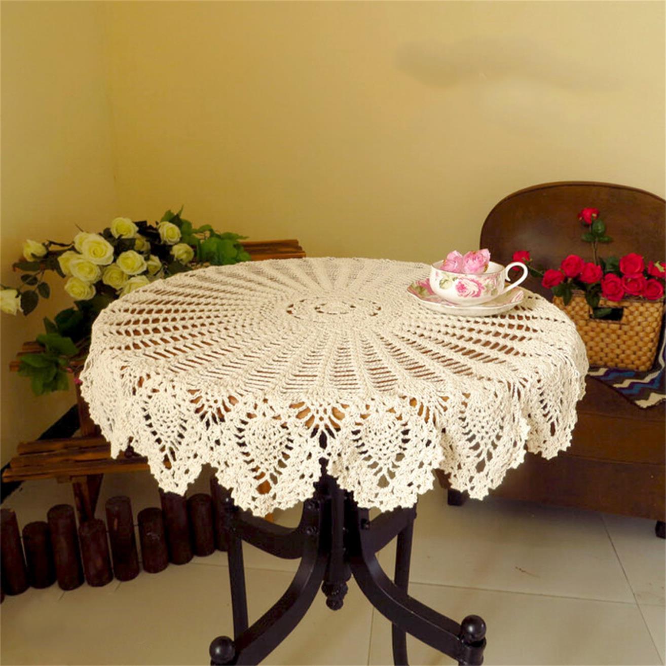 Vintage Handgemaakte Haak Katoen Kant Ronde Tafelkleed Placemat Shabby Chic Decor 70 80 90 CM 80cm beige