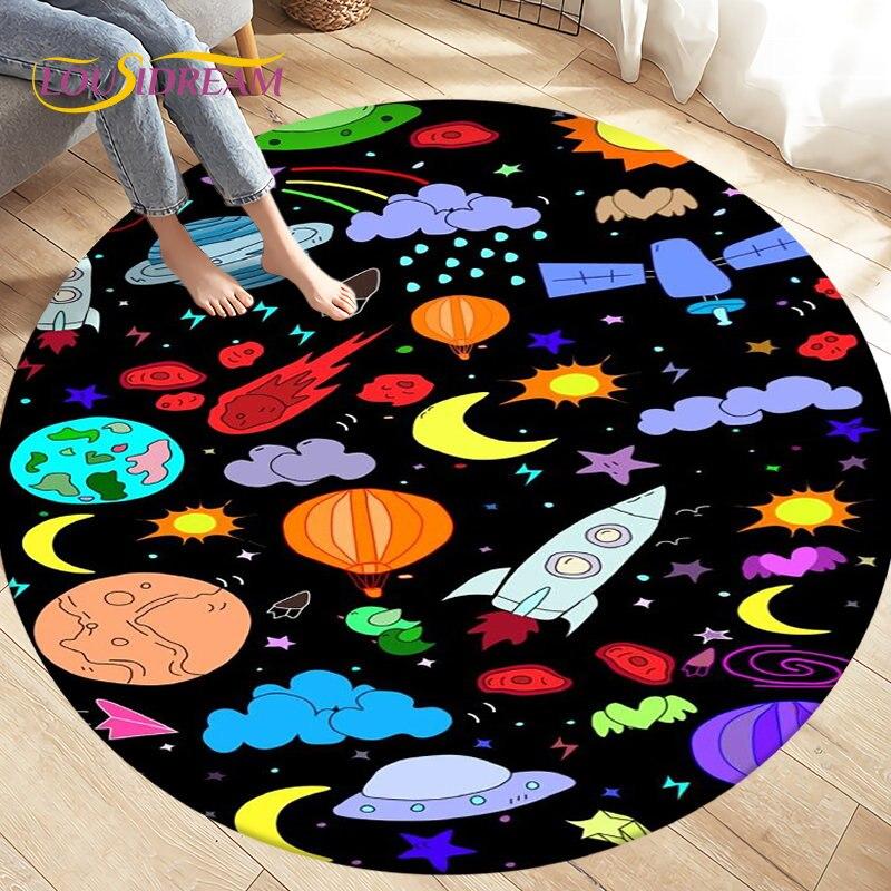 Cartoon Space Astronaut Round Rug Carpet Rug for Living Room Bedroom Sofa Decoration Kids Play Crawl Soft Floor Mat Crawling Mat