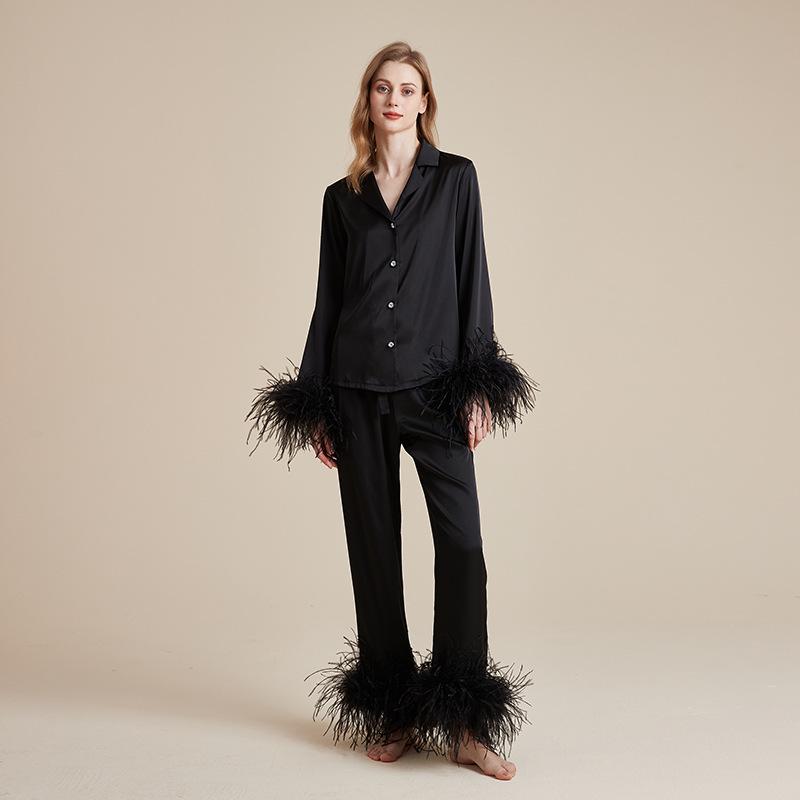 Women's Ice Silk Autumn Pajama Set with Detachable Feather Accents, Long Sleeve and Pants, French High-End Pure Desire Style