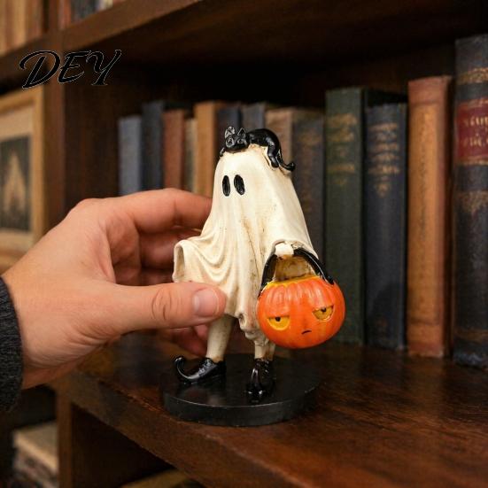Halloween Table Centerpiece Vintage Ghost Figurine, Cute Spooky Resin Statue with Pumpkin Black Cat Ornament Bucket And for Indoor Kitchen Home Decor