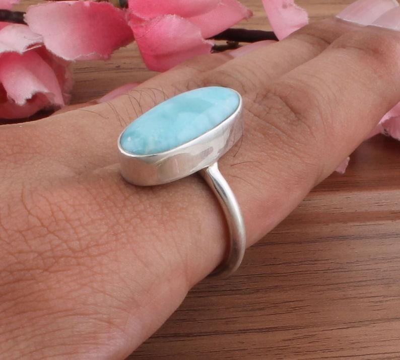 Solid 925 Sterling Silver Natural larimar Gemstone Long Oval Gemstone handmade Ring Designer Ring
