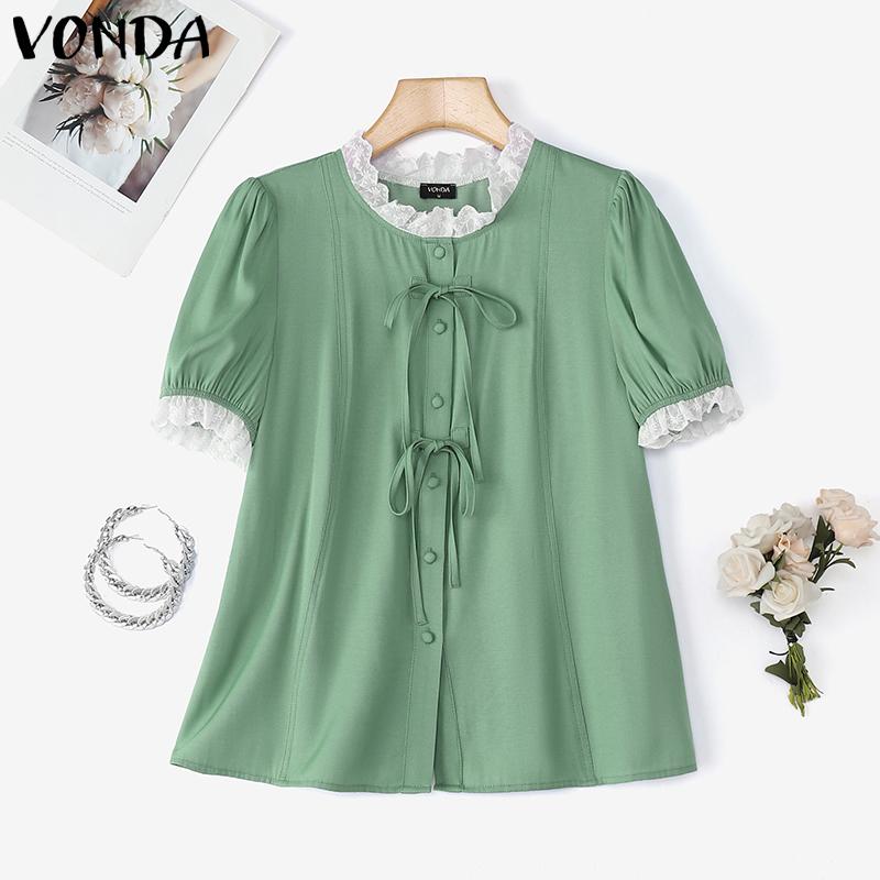 

VONDA Women Casual Lace Patchwork Short Sleeve Crochet Hem Buttons Blouse Tops M