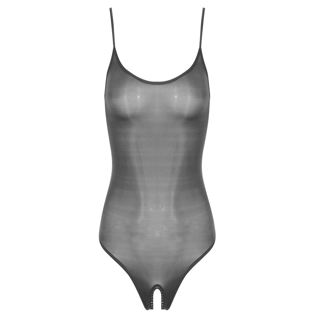 Womens Glossy Sling Bodysuit Adjustable Strap See Through Lingerie Stretchy High Cut Bodycon Lingerie