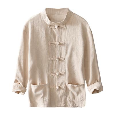 Pánska bavlneno-ľanová košeľa nadmernej veľkosti, jeseň/jar, pánska košeľa bez goliera s dlhým rukávom, zapínanie na žabky, voľná blúzka