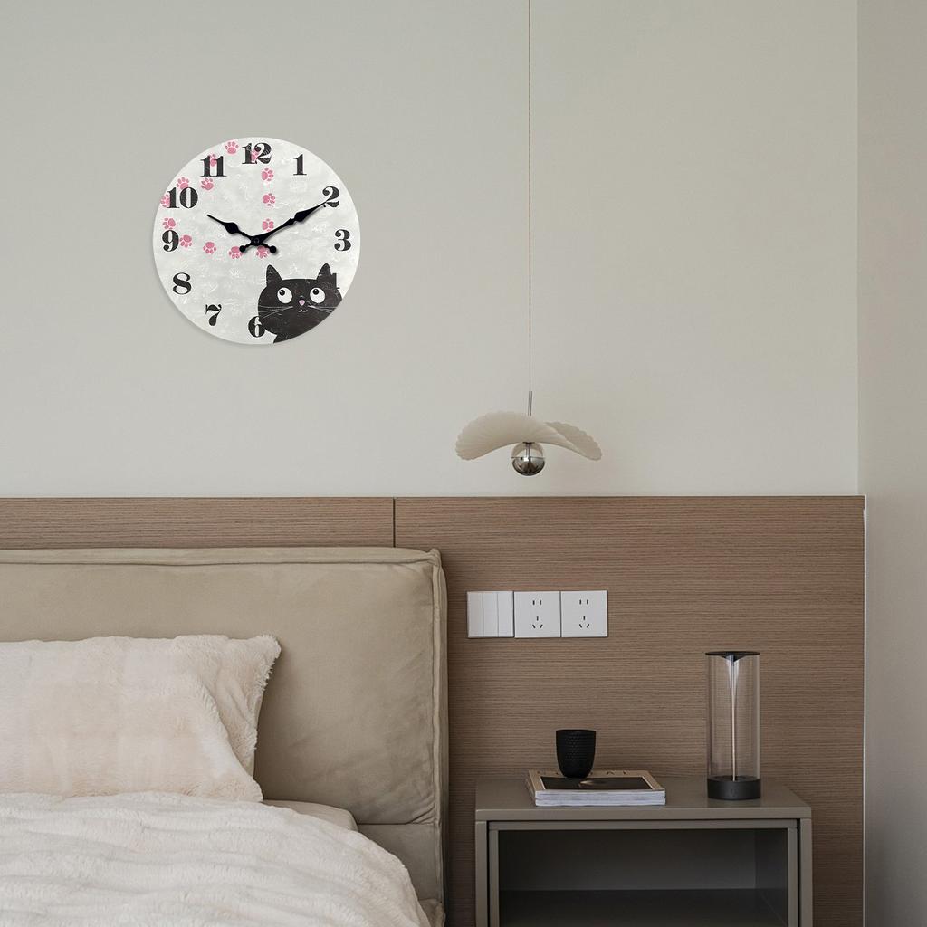 Personalized Cute Black Cat Paw Print Heart Pattern Wooden Wall Clock Silent Quartz Clock (No Battery)