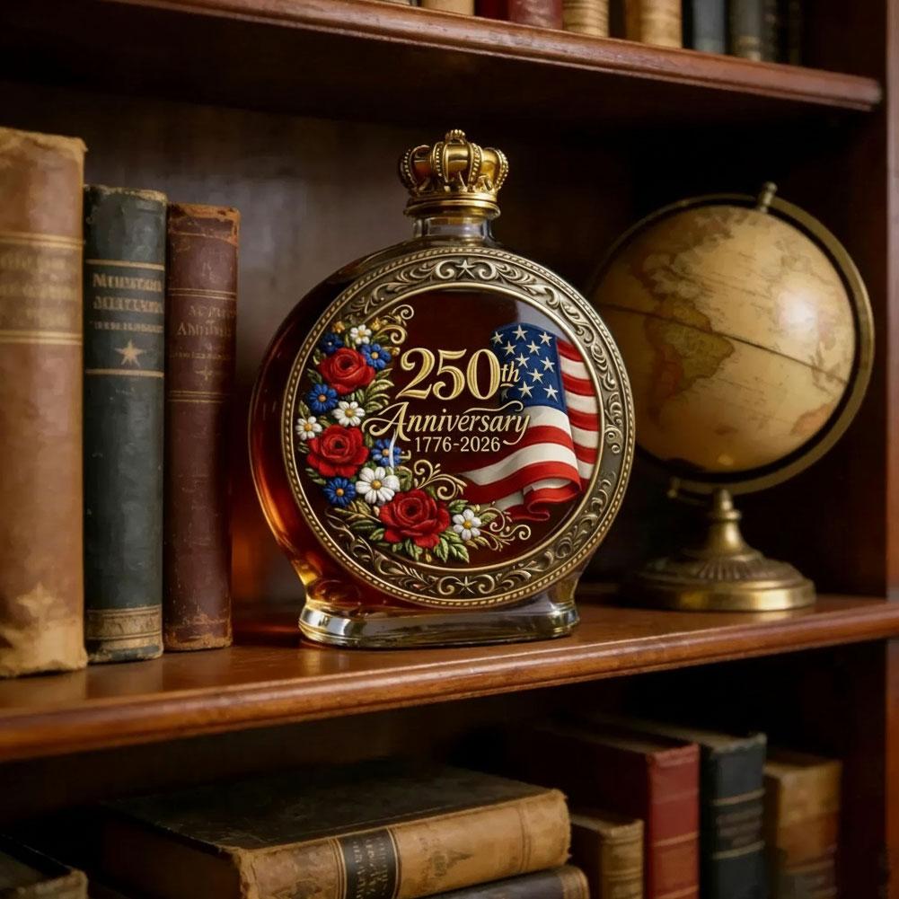 250th Anniversary Glass Decanter Bottle 3D Embossed USA Flag Floral 1776-2026 Liquor Bottle for Bourbon Scotch Fathers Day Gift