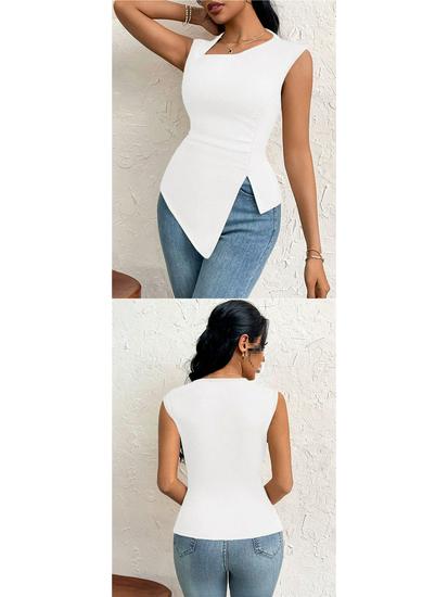 Women's Elegant Asymmetrical Neck Slim Fit T-shirt - Spring/Summer Pure Color Top