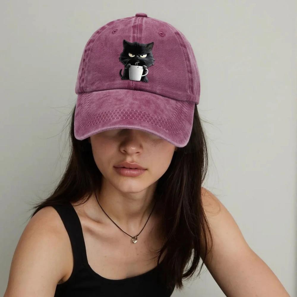 Cotton Snapback Baseball Cap Cute Cat Adjustable Cotton Cap Coffee Cat Printed Baseball Hat for Mom Grandma Cat Lover