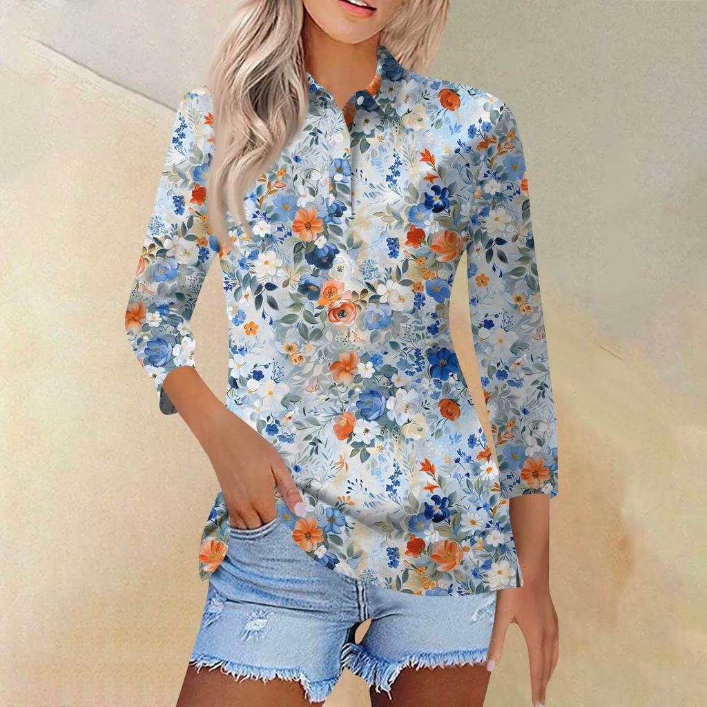 Women's Fashion Casual Lapel Short Sleeve Printed Shirt Women's Button Up Tops