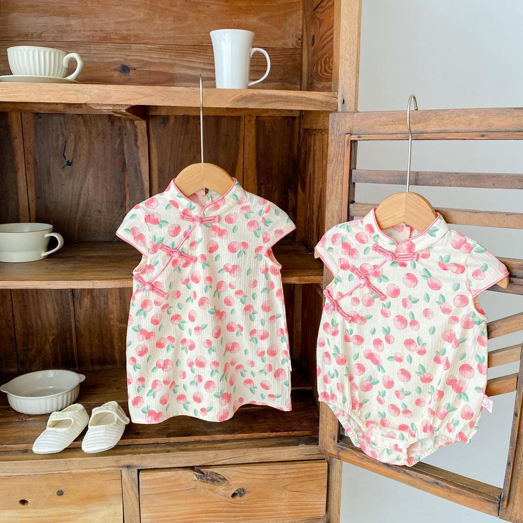 Sommer Mädchen Schwesternoutfits: Baby Strampler & Fruchtsalat Cheongsam Set