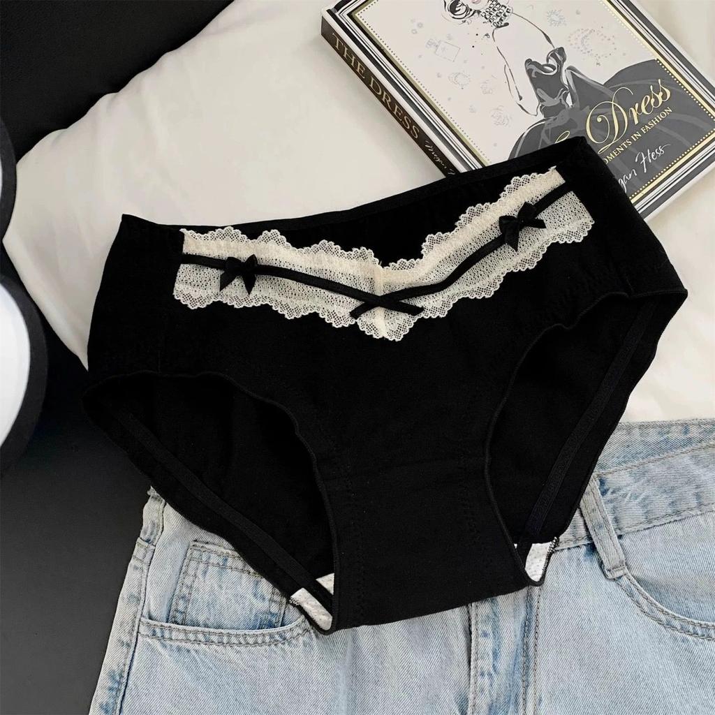 Ladies Summer Pure To Sweet Lace Edge Bow Pure Cotton Soft and Comfortable Low Waist Briefs
