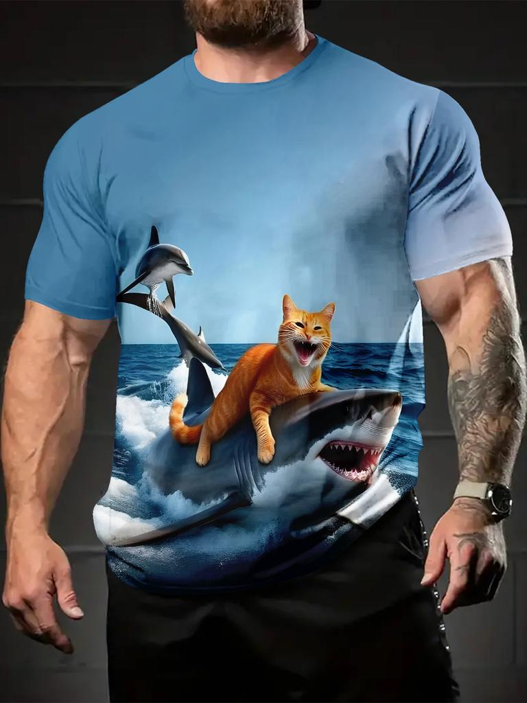 Fashionable and Fun Animal Cat Pattern Men's 3D Printed T-shirt with Oversized Short Sleeved Round Neck Casual Men's and Women's Clothing