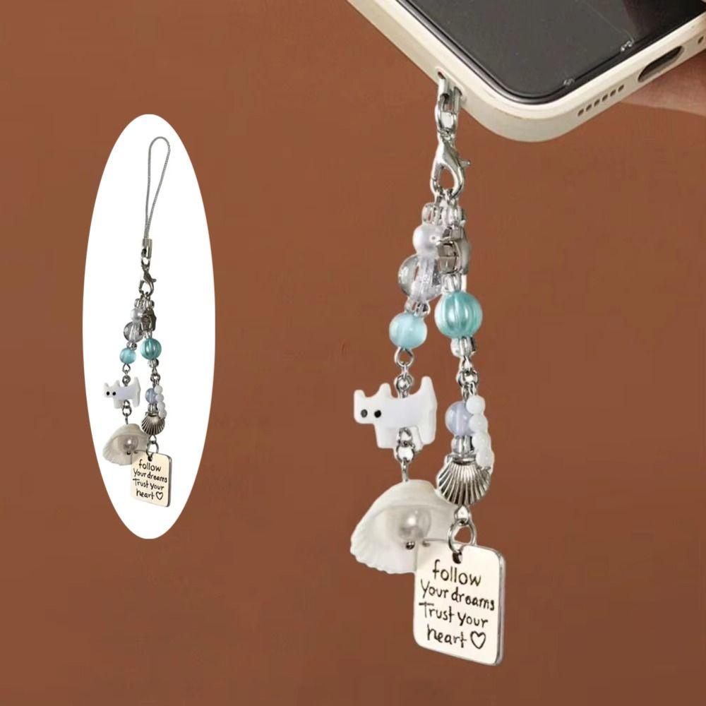 5PCS Zinc Zinc Alloy Beaded Cat Pendant Imitation Pearl Keyring Sweet Shell Pearl Phone Lanyard  Beach