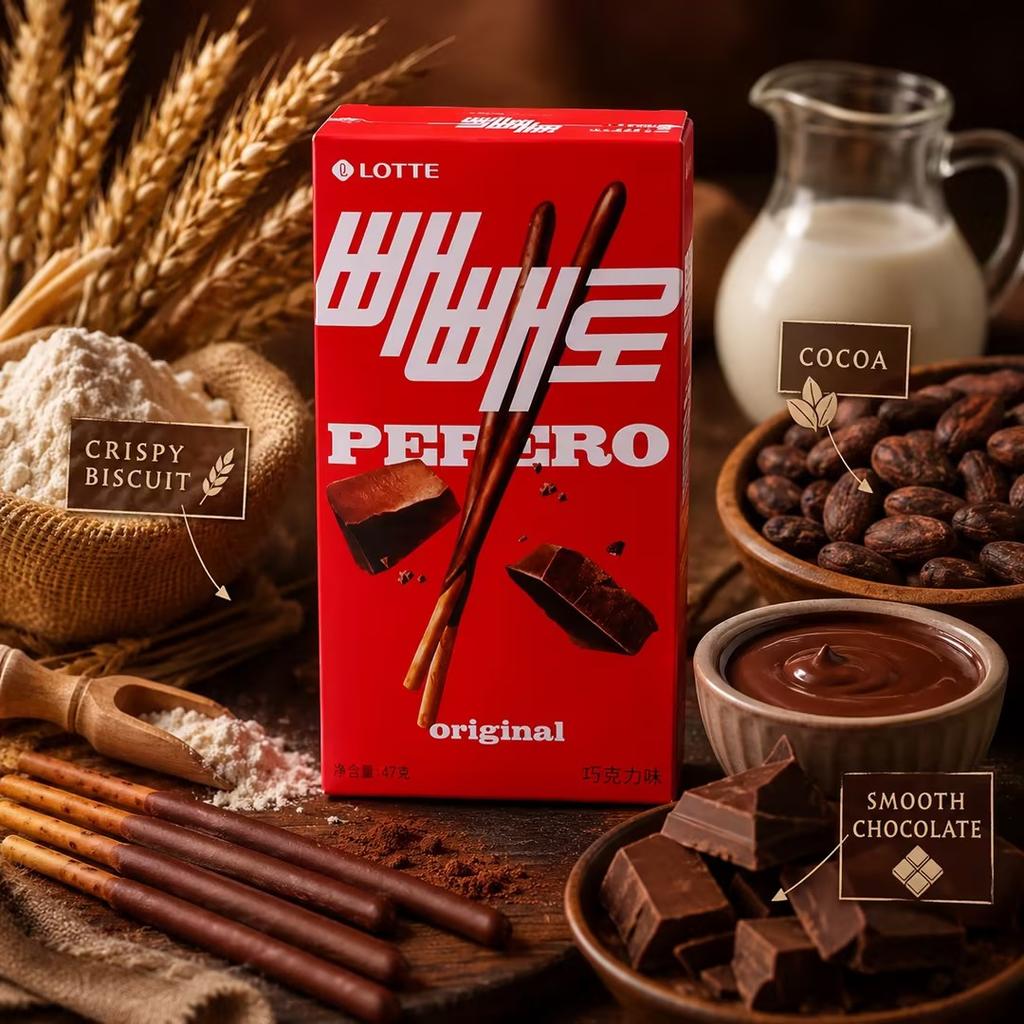 Lotte Pepero Bastoncini di Biscotto al Cioccolato 47g | Bastoncini di biscotto croccanti ricoperti da cioccolato liscio, gusto ricco di cioccolato
