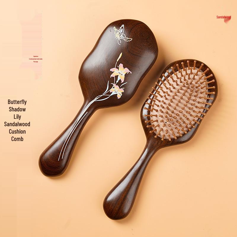 Hand-Painted Lily Sandalwood Air Cushion Comb for Women s Massage & Volume Golden Sandalwood - Butterfly Lily