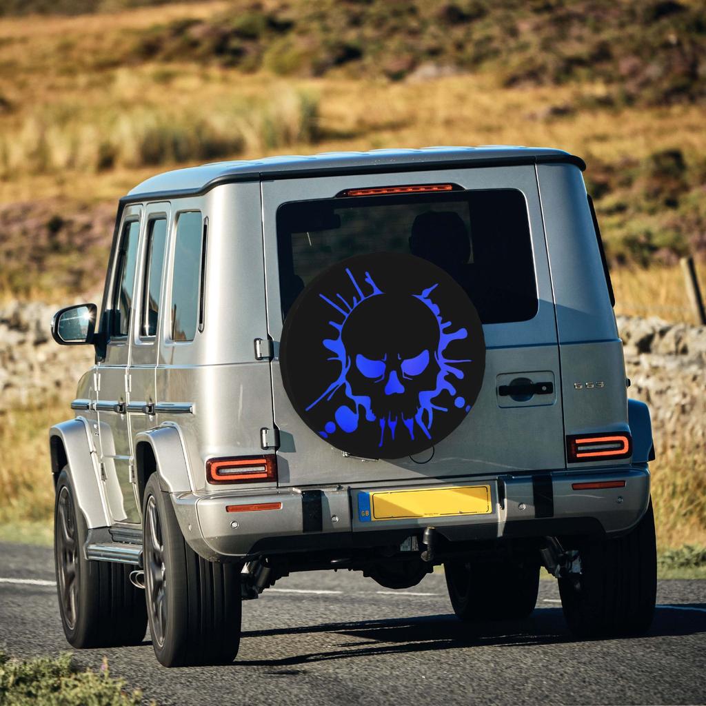 2D Flat 1pc Blue Skull Print Car Tire Cover 35.56/38.1/40.64/43.18 Cm, Spare Tire Cover, Essential For Camping Off-Road Outdoor