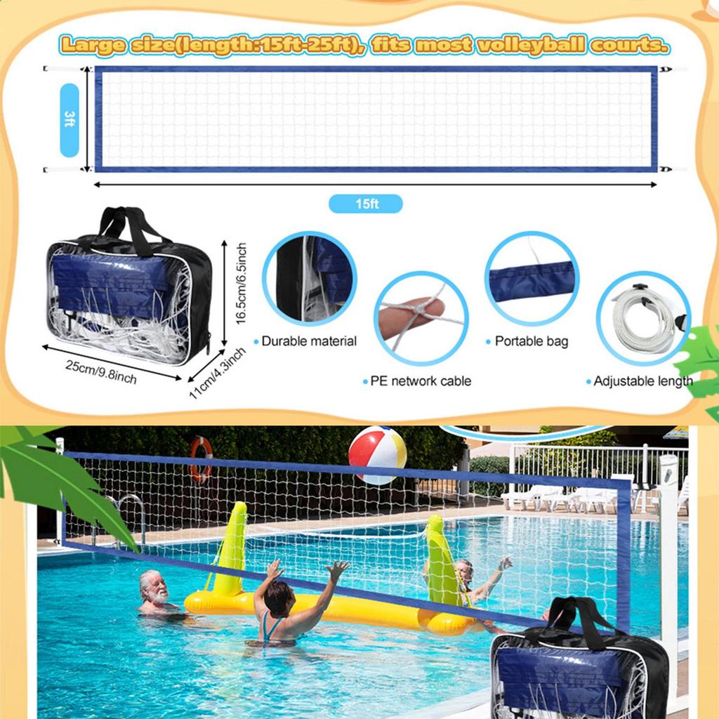 Portable 15 x 3ft Volleyball Net for Adult Pool Volleyball Net Replacement Water Game Polyethylene Entertainment Volleyball Net