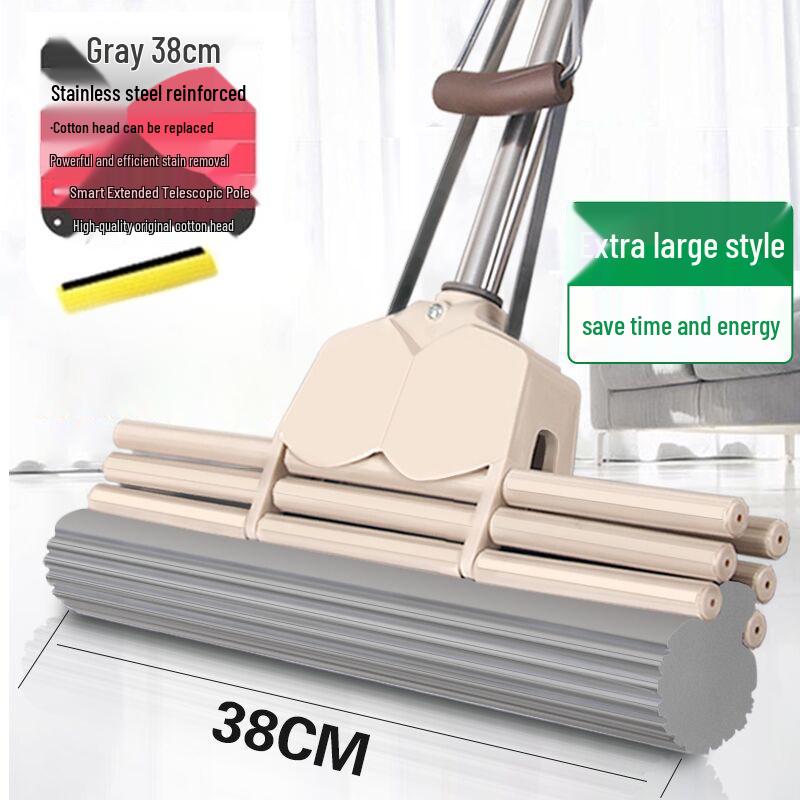 Large Absorbent Sponge Mop with Stainless Steel Handle - No-Hand-Wash Design