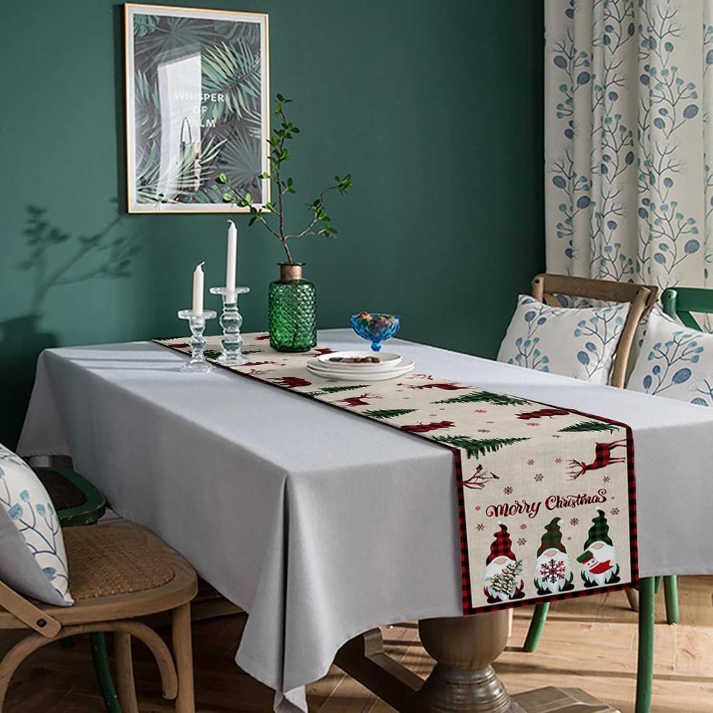 Merry Christmas Gnome Table Runner 70 Inches Long,Xmas Tree Elk Farmhouse Buffalo Plaid Table Runner,Winter Snowflakes Retro Linen Dresser Scarves