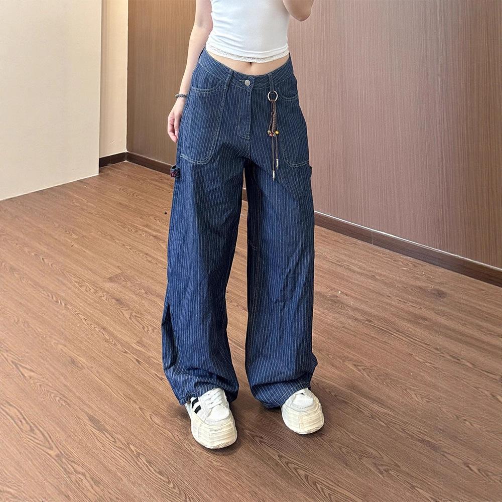 JYL Women's Cargo Jeans American Patchwork Multi-Pocket Niche Bootcut Wide-Leg Denim