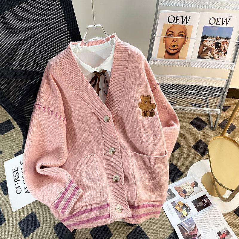 Korean Version of the Bear Sweater Cardigan Women's Jacket Autumn Winter New Cord Lazy Wind Pocket Knitted Jacket