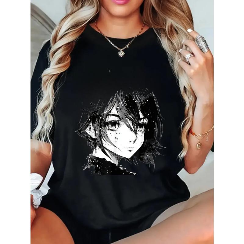 Black Oversized T-Shirt With Anime Girl Print For Casual Wear